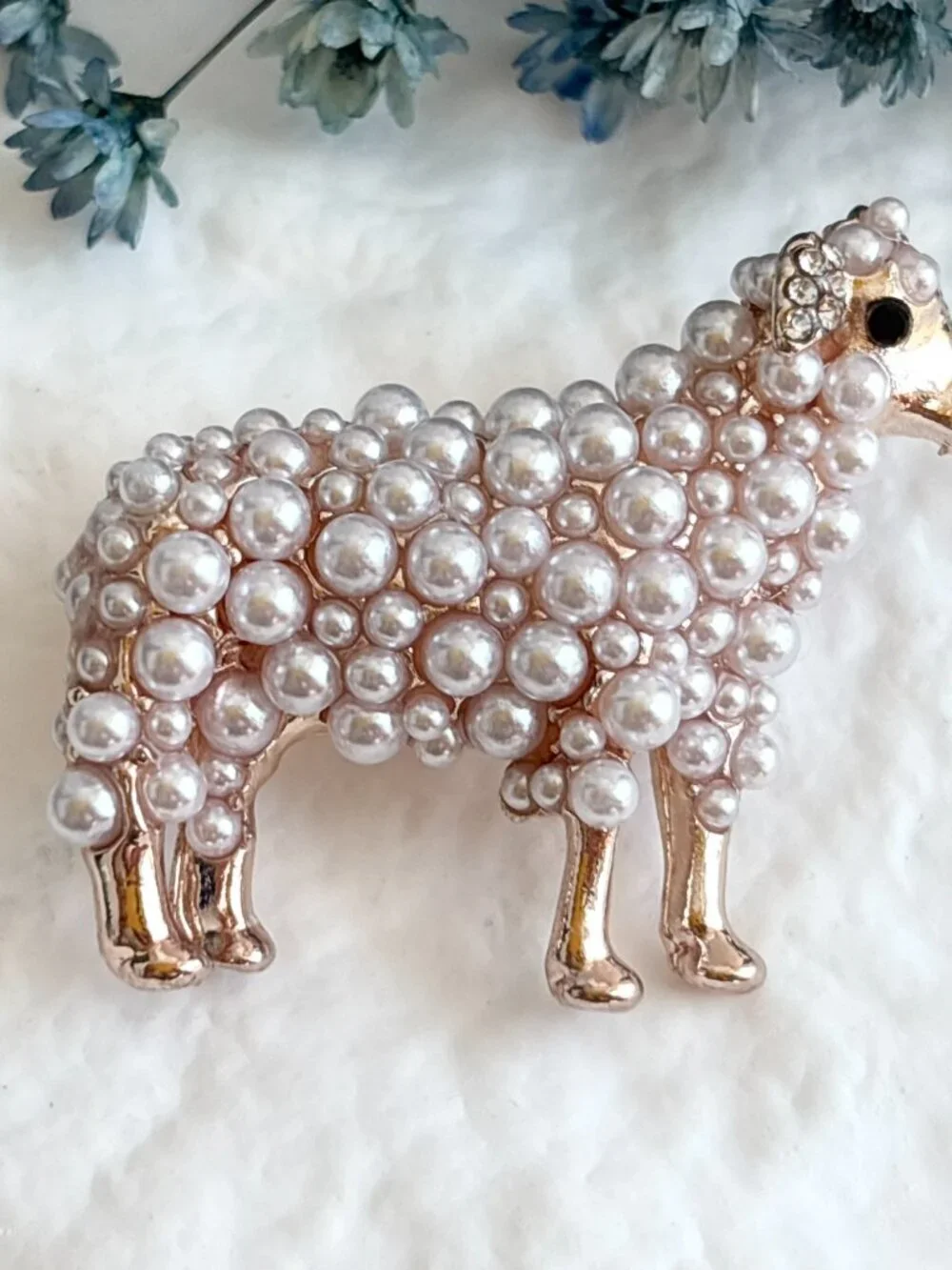 Sheep Figural Faux Pearl Accented Gold Toned Vintage Inspired Brooch Pin